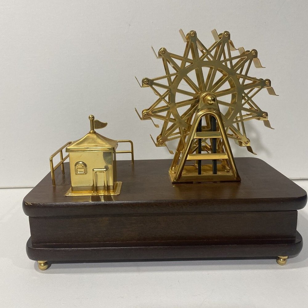 Musical Ferris Wheel Goes Around It's A Small World Brass & Wood Vtg WORKs
